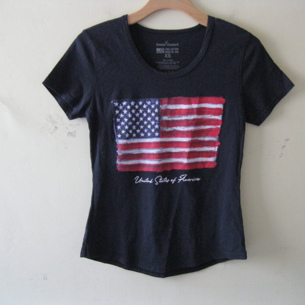 General Standard Ladies Americana flag cotton Tee Scoop Neckline USA, Navy XS/S